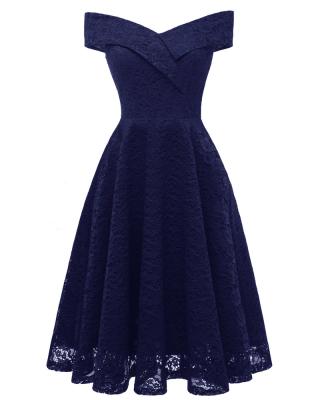 China European And American Anti-wrinkle Short Dress Lace Midi V-Neck Sleeve High Quality Dark Blue A Line Dress Elegant Business Casual Dress for sale