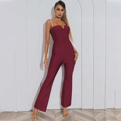 China Dark Red QUICK DRY Spaghetti Straps Big Wide Leg Long Pants Women Overalls Women Ladies Sexy Overalls Bandage Casual Outfits for sale