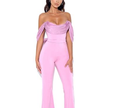 China 2022 QUICK DRY sexy purple off the shoulder women's jumpsuit short sleeve draped long pant jumpsuit for women for sale