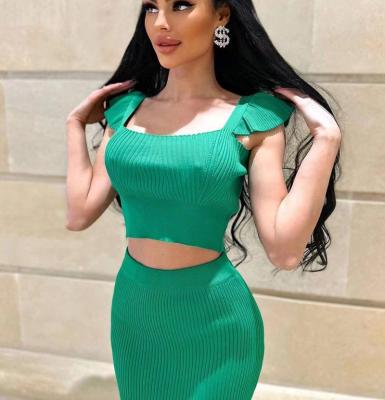 China Breathable casual short sleeve green top and mini skirts set high quality rib ladies skirt suit 2 piece skirt set women clothing for sale