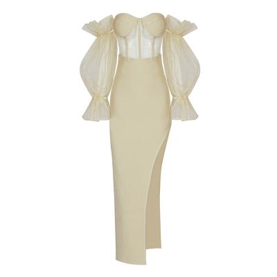 China Breathable hot sale balloon sleeve off the shoulder long dress fashion temperament sexy dress women's clothing sexy slit dress for sale