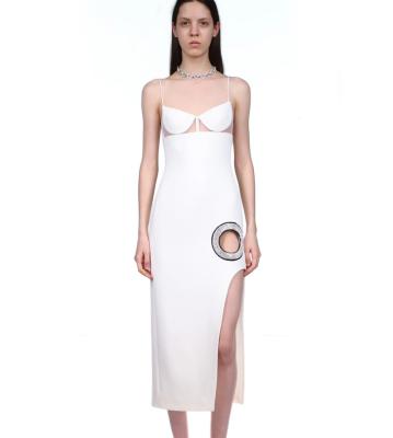 China Fashion Breathable Spaghetti Strap Maxi Dress White Cut Out Bandage Dress Diamond Dress Women for sale