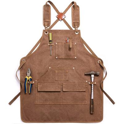 China Heavy Duty Logo Mens Chef Work Utility Shop Custom Apron Waxed Canvas Tool Apron With Pockets for sale