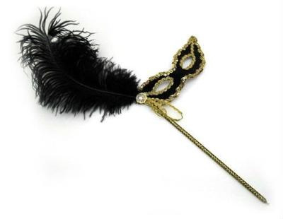 China Wholesale Carnival Black Masquerade Ball Feather Mask With Handle for sale