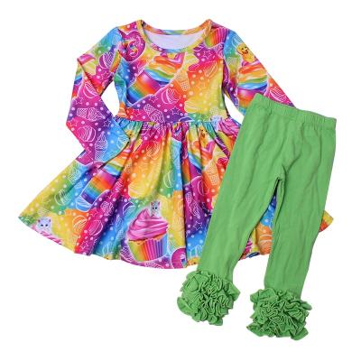 China Casual Boutique Children's Sets Long Sleeve Green Ruffled Drawstring Dress Pant Sets In Milk Silk Color for sale