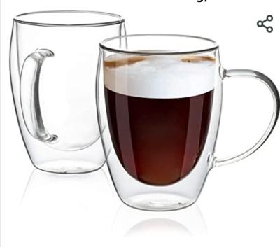 China 12oz Double Wall Stored Glass Coffee Mugs With Handle Clear Insulated Coffee Mug For Hot Drinks for sale