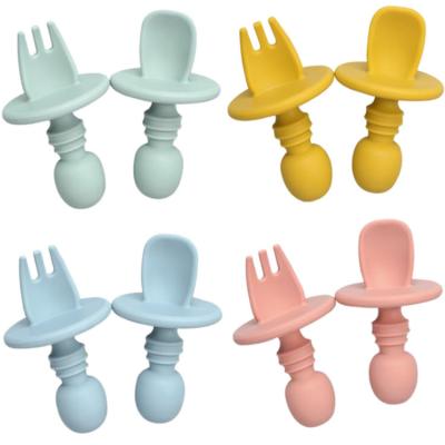 China Wholesale High Quality Soft Handle BPA Free Mini Feeding Silicone Baby Fork and Spoon Set for sale