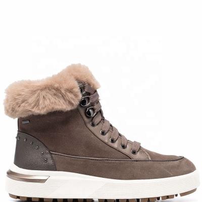 China Fashion Trend 2021 new arrived women round toe flat lace-up brown fur boots for sale