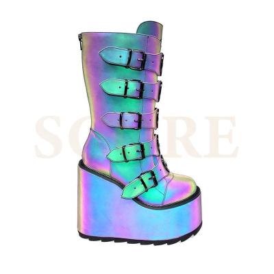 China Height Increasing 2021 hot selling double straps black buckle platform reflective ankle boots for womens for sale