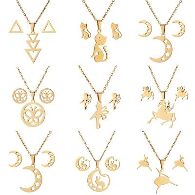 China Fashion Women Girls Gift Environmental Friendly Gold Silver Plated Cute Horse Cat Butterfly Moon Heart Earring Necklace Stainless Steel Jewelry Set for sale