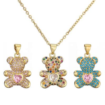 China Cute Charm Copper Plated Teddy Bear Pendant Necklace Jewelry Full Zircon CZ Bling Love Heart Colorful Gold Delicate Woman Environmentally Friendly Luxury for sale