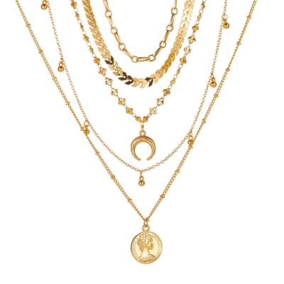 China Environmental Friendly Vintage Gold Plated Crescent Moon Elizabeth Head Coin Women Multi Layered Girls Pendant Necklace For Party for sale