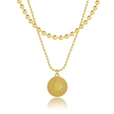 China Fashion Environmental Friendly Gold Plated Double Layer Copper Beads Chain Elegant Charm Sun Shaped Coin Pendant Necklace Jewelry For Woman for sale