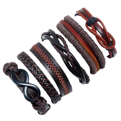 China Charm 6pcs Infinity Punk Handmade Women Braided Genuine Adjustable Multilayer Wrap Leather Wax Rope PU Cowhide Bracelet Set Men Punk for sale