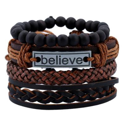 China ZHIYI Vintage Punk Engraved Believe Faith Stretch Wood Bead Adjustable Braided Rope Men Wrap Bracelet Genuine Leather Set for sale