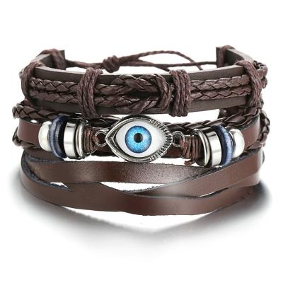 China Environmentally Friendly Handmade Braided Wax Adjustable Rope Brown Vintage Blue Evil Eye Charms Men Punk Multilayer Wrap PU Leather Bracelet Set for sale