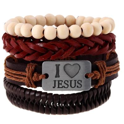 China Environmental Friendly Punk Engraved Me Like Jesus Stretch Wood Beads Men Multilayer Adjustable Braided Rope Wrap PU Whip Leather Bracelet Set for sale