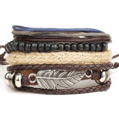 China Environmentally Friendly Punk Adjustable Multilayer Braided Wrap Bracelet Beads Wood Style Vintage PU Leather Bracelet Rope Set Jewelry For Men for sale