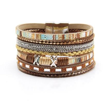 China Fashionable Environmental Friendly Women Ethnic Colorful Magnetic Multi Layers Buckle Boho PU Wrap Bracelet Leather Jewelry For Girls for sale