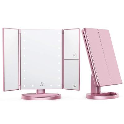 China Portable Custom 180 Degree Rotation Double Mirror Vanity Mirror Power Supply Travel Lighted Makeup Mirror Triple for sale