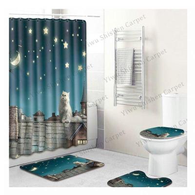 China New Supplier Christmas Sale Amazon Polyester Cat Dog Waterproof Shower Curtain Bathroom Foot Pad Toilet Mat Set Durable Warm Bathroom Cover for sale