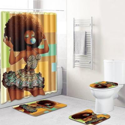 China 2019 Sustainable Best Selling Afrcian Queen Black Amazon Girl PEVA Polyester With Hooks Print 4 Pieces Set Custom Shower Curtain for sale