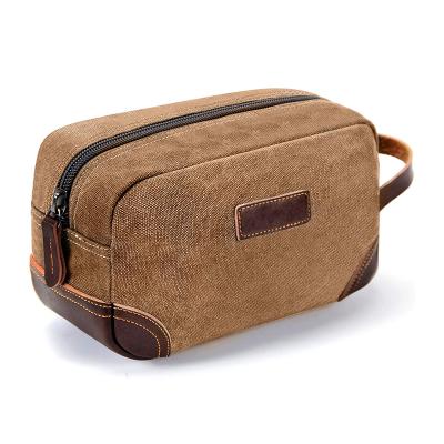 China Custom Waterproof Canvas Large Capacity Travel Makeup Brown Leather Men's Toiletry Bag Pouch With Handle for sale