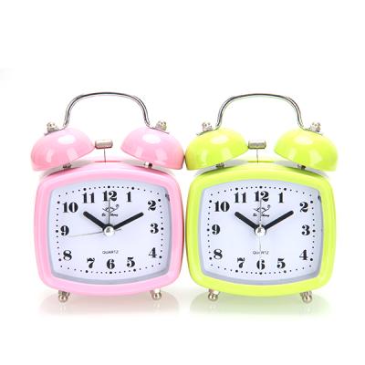 China Antique Style Quartz Twin Plastic Bell Shell Square Shape Alarm Desk Clock for sale