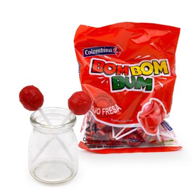 China Strawberry Flavors Natural Halal Original Bom Bom Gum With Lollipop Stick Candy for sale