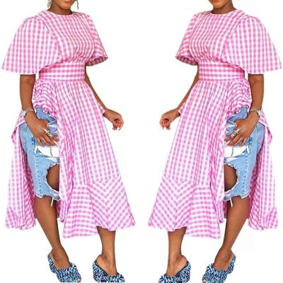 China Anti-static one-piece shipping PY8124 the slit on both sides is cool and plaid high waist short sleeve long throw skirt for sale