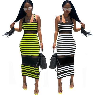 China PY8350 New Anti-Static Shipping One Piece Color Stripe Round Neck Mesh Sleeveless Women's Middle And Long Casual Dress for sale