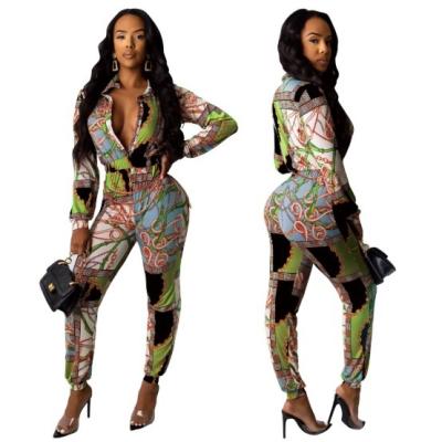 China Anti-static ready to ship wholesale fashion nightclub long sleeve women's floral printed bandage sexy jumpsuit for sale