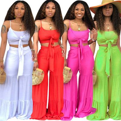 China Anti-Static Ready To Ship Top And Wide Leg Pants Women Women Summer Crop Two Piece Set Clothing CA571 for sale