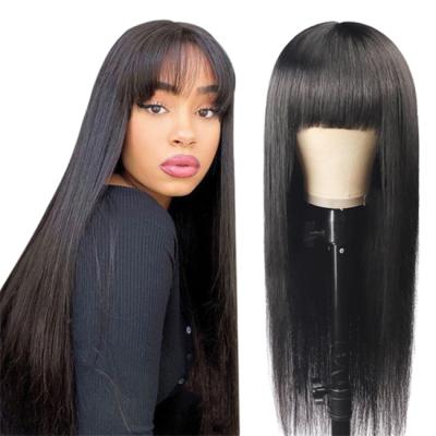 China Wholesale Custom Logo Cheap Human Hair Brazilian Cambodian Straight Human Hair Wig With Bangs Silk Straight Wave Machine Made Wigs for sale