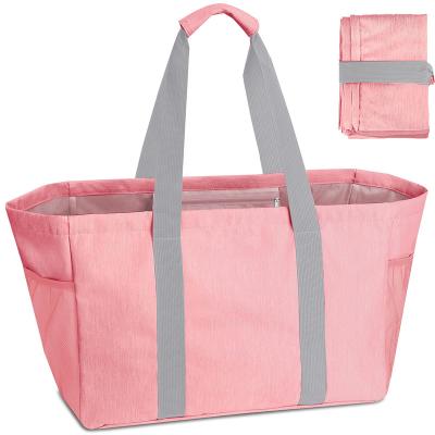 China Wholesale High Quality Handled Peach Pink Beach Bag Shopping Tote Bag with Inside Zipper Pocket and Mesh Side Pocket for Traveling for sale