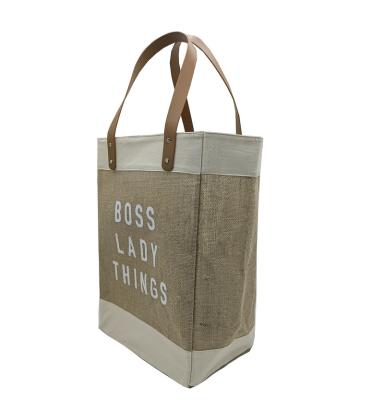 China Food Grade Handled Logo Canvas Burlap Jute Bag Custom Packaging With PU Leather Wristbands For Promotion Gift for sale