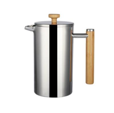 China Sustainable Double Wall Coffee Wooden Handle Stainless Steel French Press Coffee Plunger Water Pot for sale