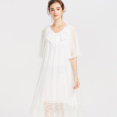 China Double Layer Nightgown Lace Belle Princess Mesh Nightgown Mesh Long Sleeve Round Neck Long Dress Luxury QUICK DRY Medium Home Dress for sale