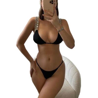 China Sexy Rhinestone Tassel Swimwear Women Breathable White Bra Underwear Low Waist Two Piece Set Beach Wear for sale