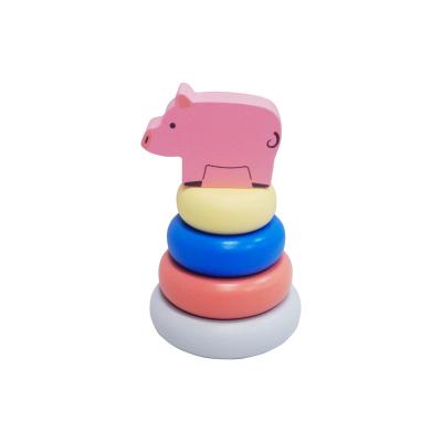 China Hot Sale Wooden Stacking Ring Toys With Pig Topper 8.3x8.3x13.5cm for sale