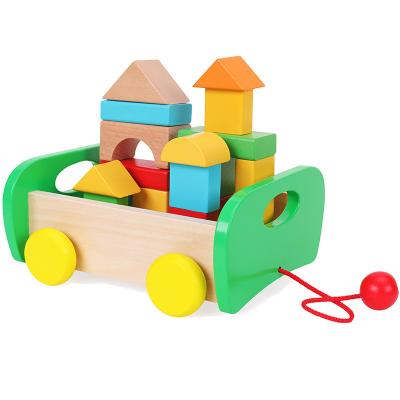 China Hot sale Wooden pull along car wooden Building Blocks trail car educational building toys for Children 18.5X16X9cm for sale