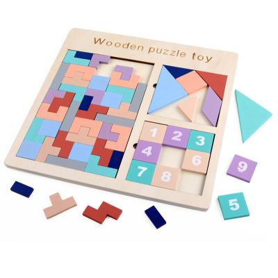 China Wooden Jigsaw Puzzle Toys Multifunctional busy board Tangram Game Tetris Educational Puzzle Wooden Blocks Toys 30x30x0.7cm for sale