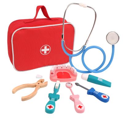 China Wooden Pretend play toy Doctor Toy Set Simulation Family Doctor Nurse Medical Kit Hospital Medicine Toys For Kids 23*17*8cm for sale