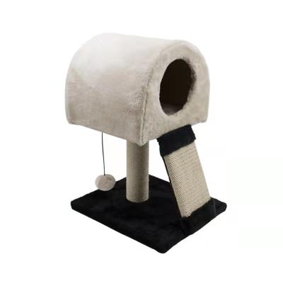 China Sustainable Small Size Warehouse Stored Cheap Beige Pet Bed With Black Square Base Stairs Kitty Cat House With Small Hanging Ball Cat Tree for sale