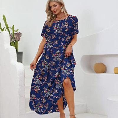 China Summer Bohemian Floral Dresses Breathable Casual Loose Waist Beach High Long Maxi Dress Women With Pockets Short Sleeve Cotton OEM Service for sale