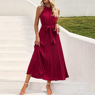 China Swiss Dot Ruffle Sleeveless V-Neck A Line Breathable Casual Beach Sun Beach Dress Women's Midi Summer Dresses for sale