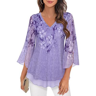 China Breathable Floral Blouses 3/4 Sleeve Elegant Double Layers V Neck Tunic Tops Plus Size Women's Blouses for sale