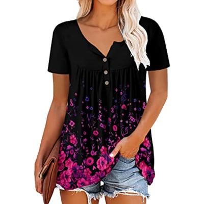 China OEM Breathable Summer Fashion Clothes Women Tunic Floral Top V-Neckline Short Sleeve Shirts Blouses Tops for sale