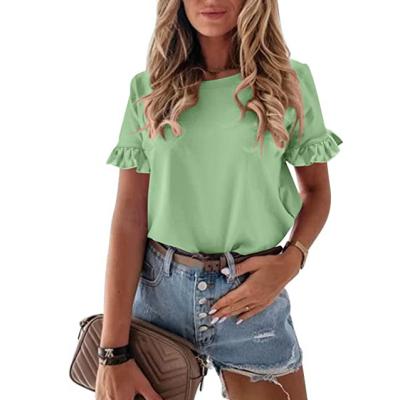 China Summer Breathable Girls Ruffles Simple Women Tops And Elegant Blouses Women Short Sleeve Casual T Shirts for sale