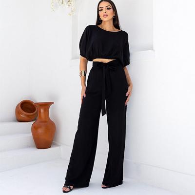 China Summer Women Clothing Casual Logo Breathable Custom Suit O-Neck Knitted Short Sleeve Top Pants Set 2 Pieces Set For Women for sale